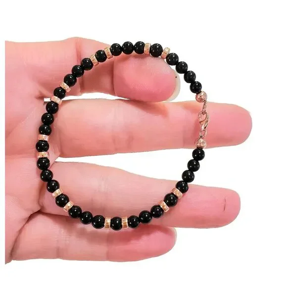 Onyx 4mm 14k Solid Yellow or Rose Gold Lobster or Stretchy Bead Bracelet